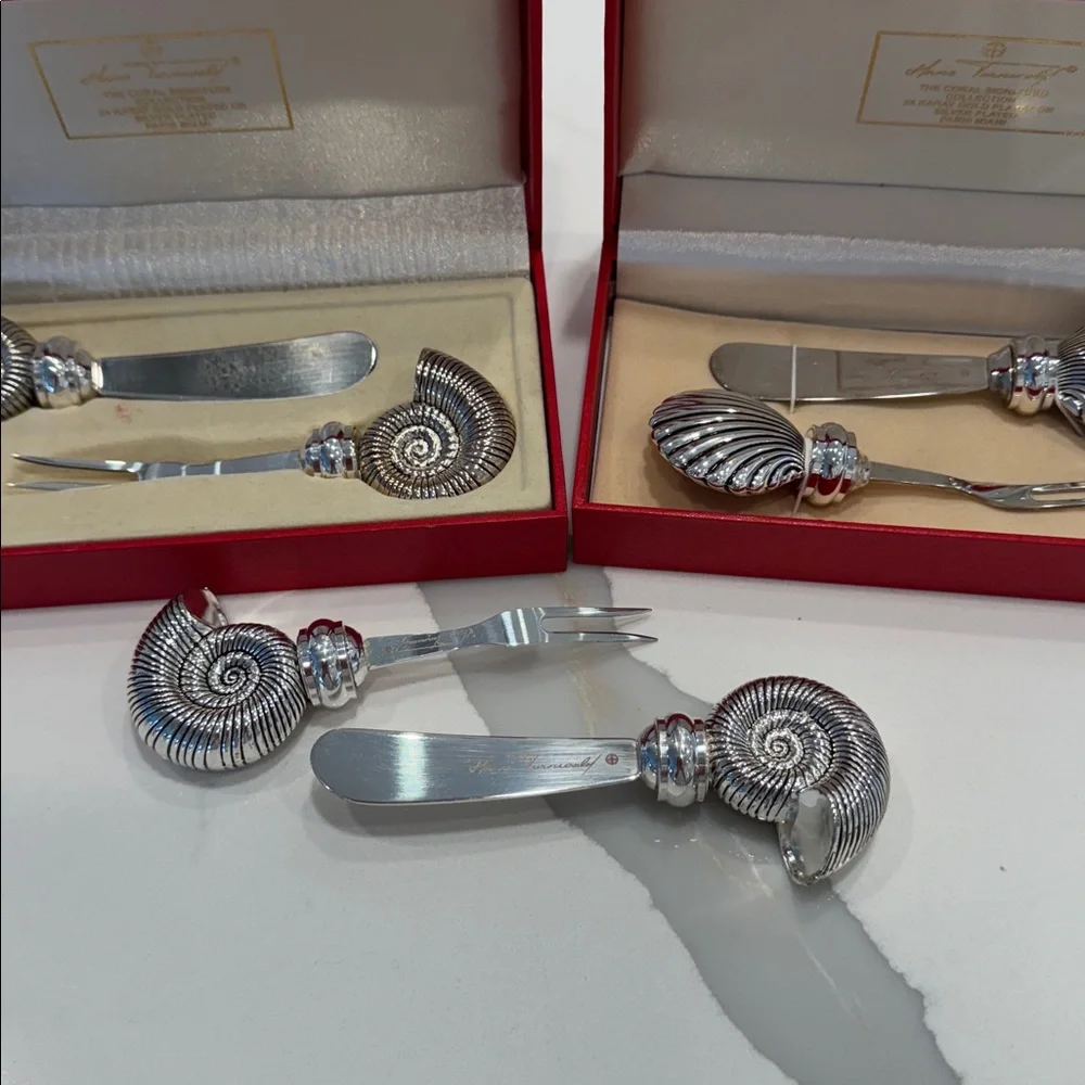 Vintage Hans Turnwald Sea Shell Cheese Spreader Cocktail Fork Sets (3)